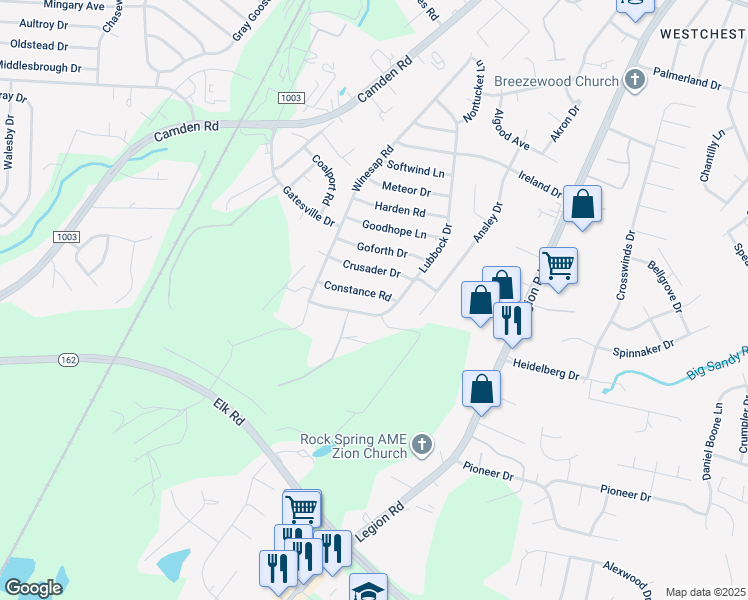 map of restaurants, bars, coffee shops, grocery stores, and more near 3817 Constance Road in Hope Mills