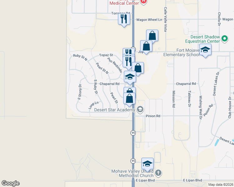 map of restaurants, bars, coffee shops, grocery stores, and more near 5665 Rocky Road in Fort Mohave