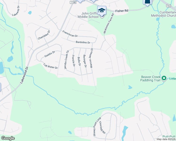 map of restaurants, bars, coffee shops, grocery stores, and more near 2925 Beringer Drive in Fayetteville