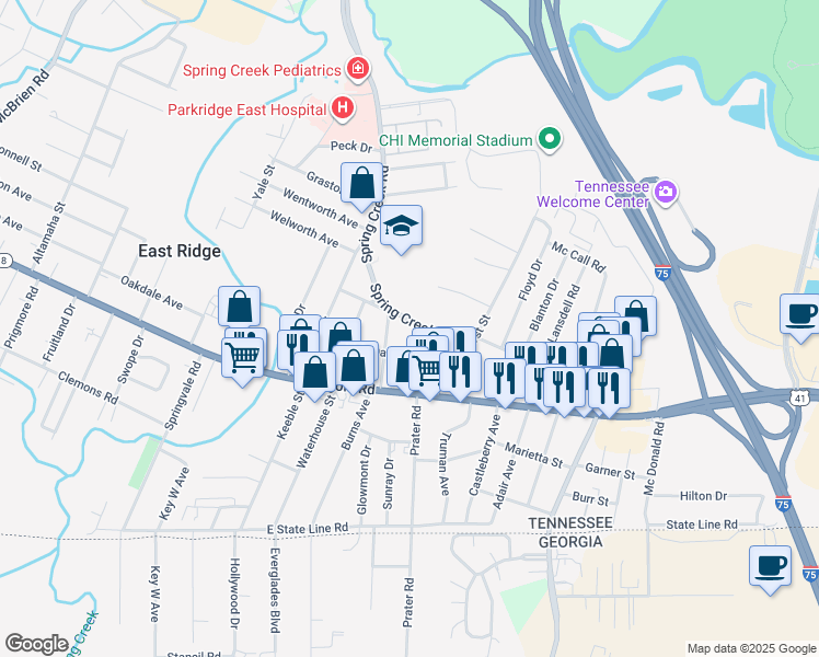 map of restaurants, bars, coffee shops, grocery stores, and more near 1207 Prater Road in East Ridge