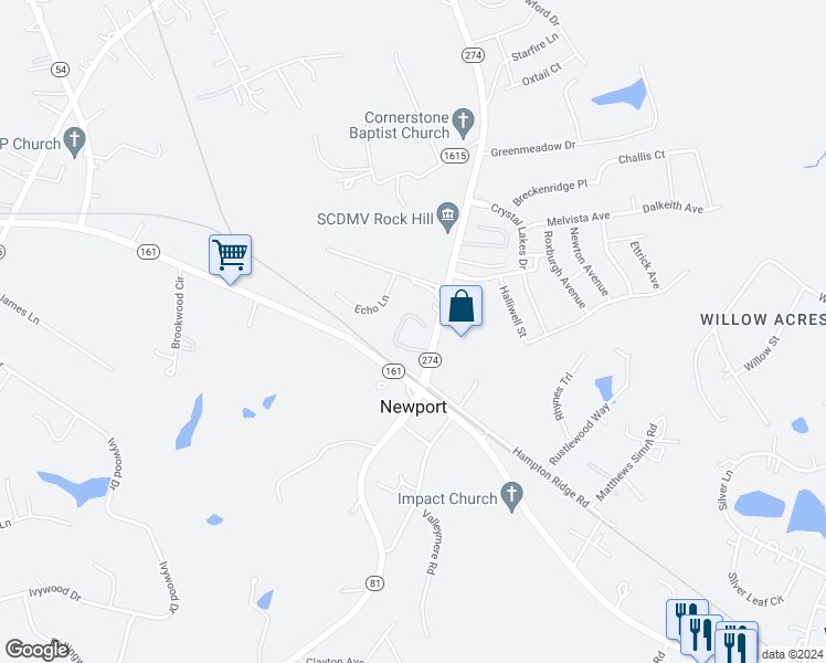 map of restaurants, bars, coffee shops, grocery stores, and more near 126 Hands Mill Highway in Rock Hill