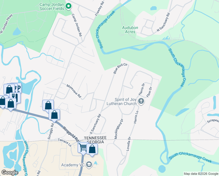 map of restaurants, bars, coffee shops, grocery stores, and more near 418 Blue Bird Circle in Chattanooga