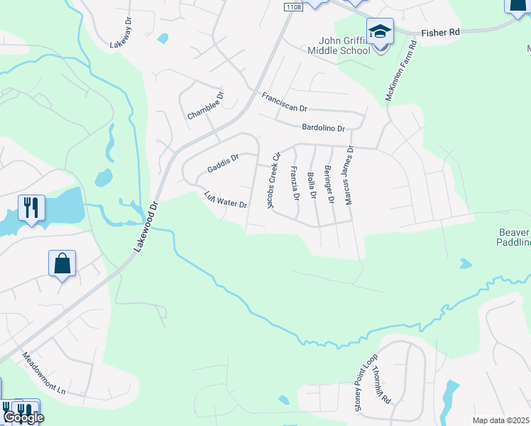 map of restaurants, bars, coffee shops, grocery stores, and more near 6308 Nakoma Way in Fayetteville