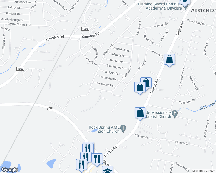 map of restaurants, bars, coffee shops, grocery stores, and more near 3821 Constance Road in Hope Mills