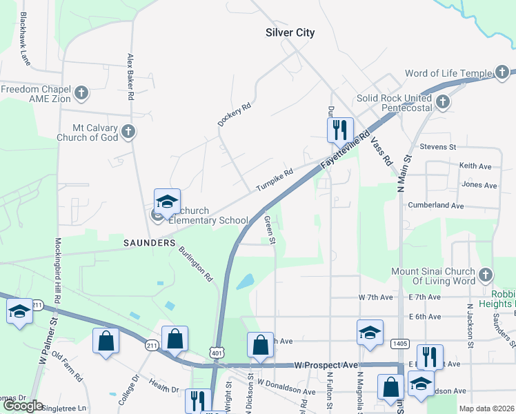 map of restaurants, bars, coffee shops, grocery stores, and more near 1003 Fayetteville Road in Raeford