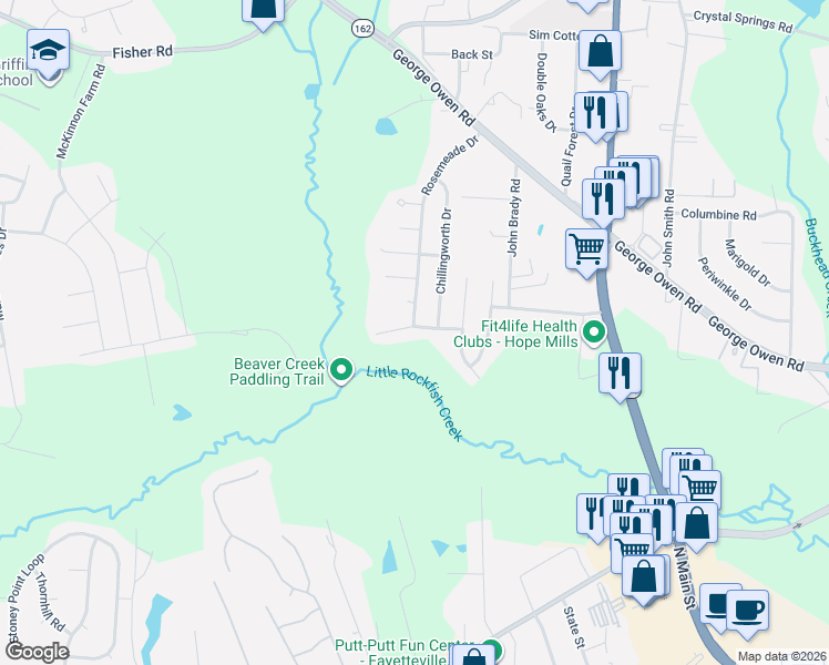 map of restaurants, bars, coffee shops, grocery stores, and more near 5825 Bloomsbury Drive in Fayetteville