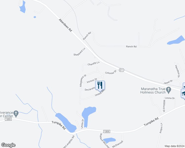 map of restaurants, bars, coffee shops, grocery stores, and more near 211 Allegiance Street in Raeford