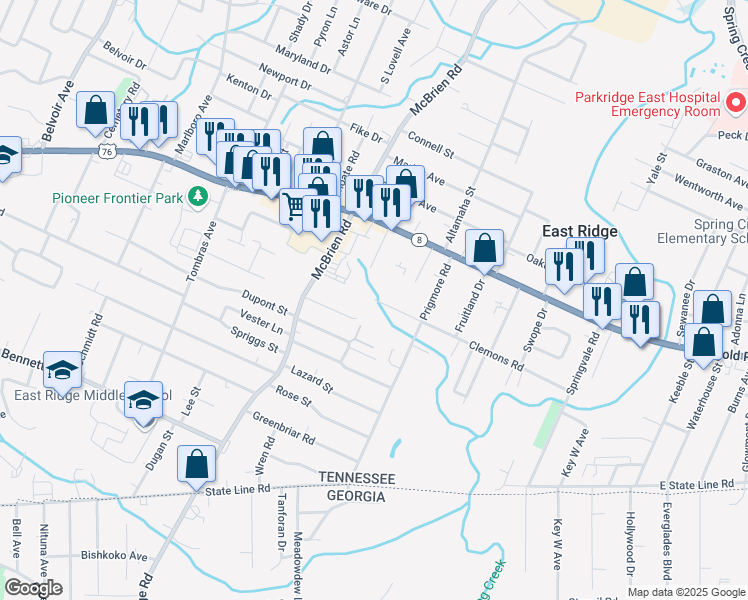 map of restaurants, bars, coffee shops, grocery stores, and more near 5324 Clemons Road in East Ridge