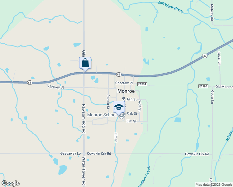 map of restaurants, bars, coffee shops, grocery stores, and more near 14947 Hickory Street in Monroe