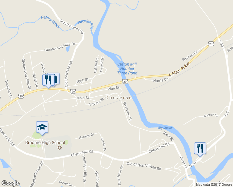 map of restaurants, bars, coffee shops, grocery stores, and more near Main St & Church St in Spartanburg