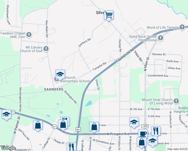 map of restaurants, bars, coffee shops, grocery stores, and more near 1003 Fayetteville Road in Raeford