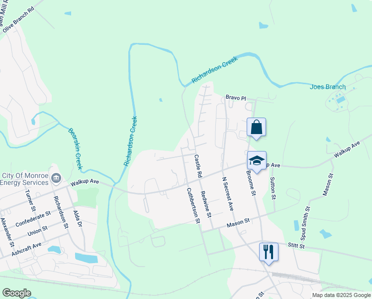 map of restaurants, bars, coffee shops, grocery stores, and more near 2600 Riverside Lane in Monroe