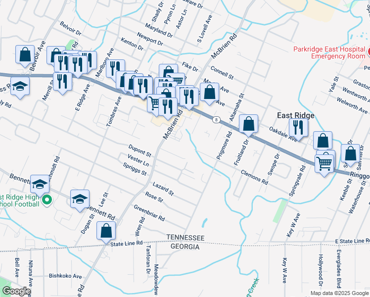 map of restaurants, bars, coffee shops, grocery stores, and more near 1602 Mcbrien Road in Chattanooga