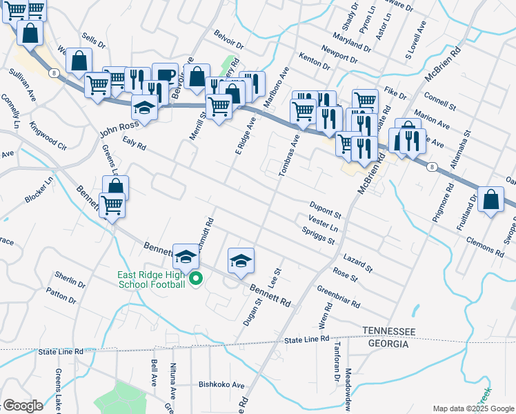map of restaurants, bars, coffee shops, grocery stores, and more near 1807 Tombras Avenue in Chattanooga