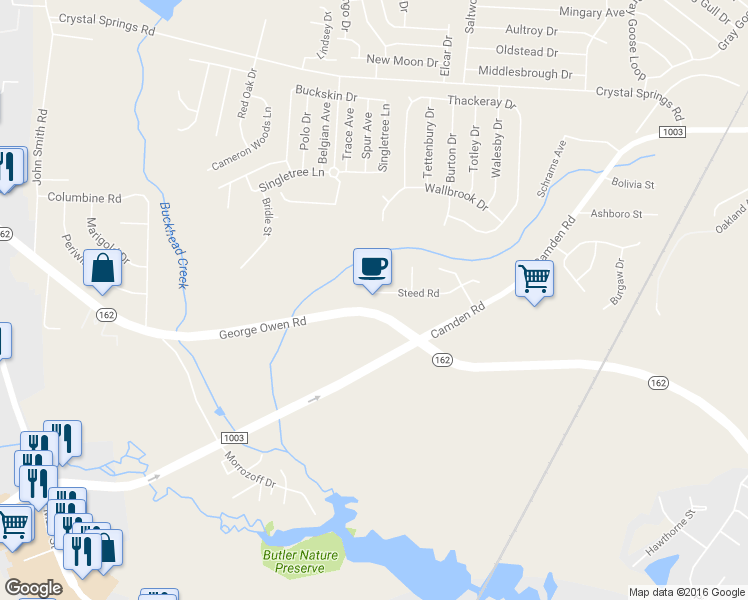 map of restaurants, bars, coffee shops, grocery stores, and more near 5051 Steed Road in Fayetteville
