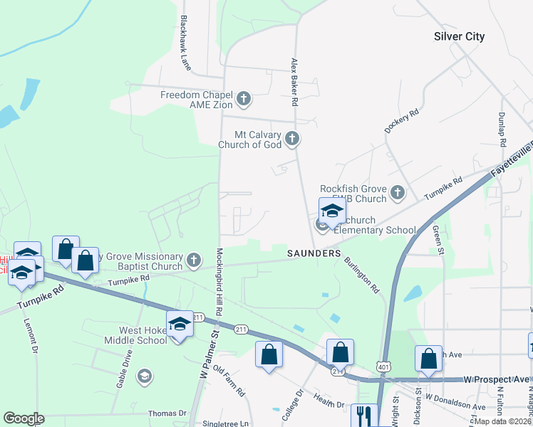 map of restaurants, bars, coffee shops, grocery stores, and more near 130 Park Place Trailer Park in Raeford