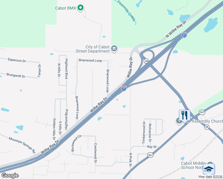 map of restaurants, bars, coffee shops, grocery stores, and more near 87 Briarwood Loop in Cabot