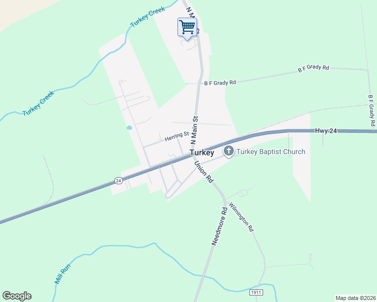 map of restaurants, bars, coffee shops, grocery stores, and more near 11 North Main Street in Turkey