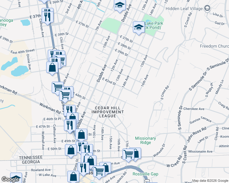 map of restaurants, bars, coffee shops, grocery stores, and more near 4215 14th Avenue in Chattanooga