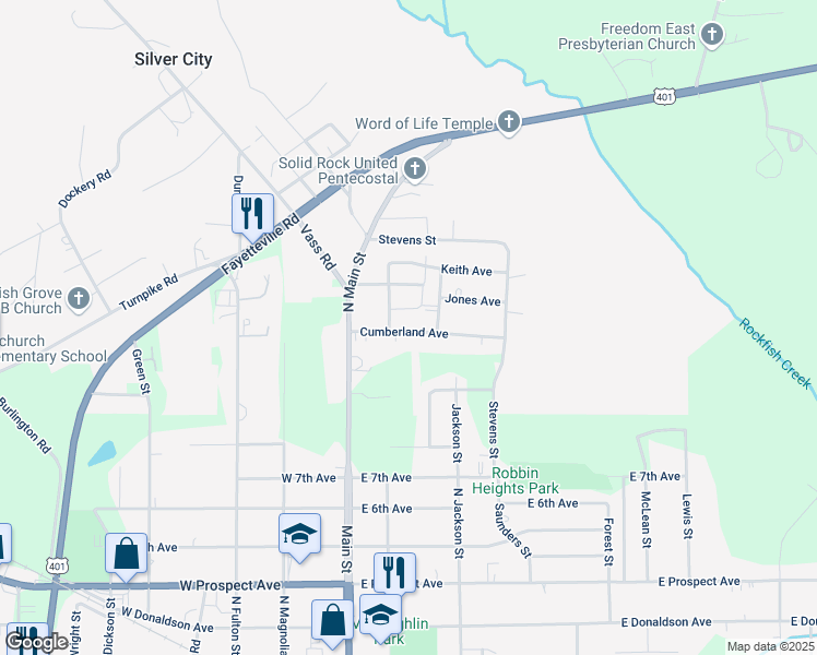 map of restaurants, bars, coffee shops, grocery stores, and more near 211 Cumberland Avenue in Raeford