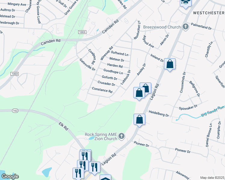 map of restaurants, bars, coffee shops, grocery stores, and more near 3812 Constance Road in Hope Mills
