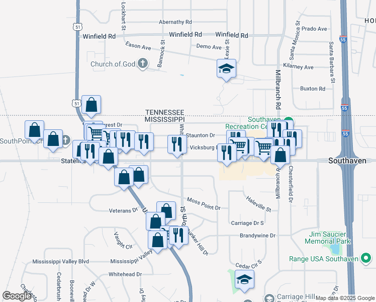 map of restaurants, bars, coffee shops, grocery stores, and more near 1475 Vicksburg Drive in Southaven