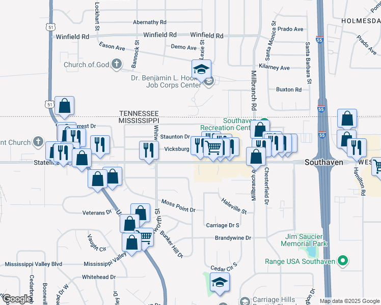 map of restaurants, bars, coffee shops, grocery stores, and more near 1337 Vicksburg Drive in Southaven