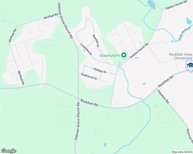 map of restaurants, bars, coffee shops, grocery stores, and more near 275 Seabiscuit Drive in Raeford