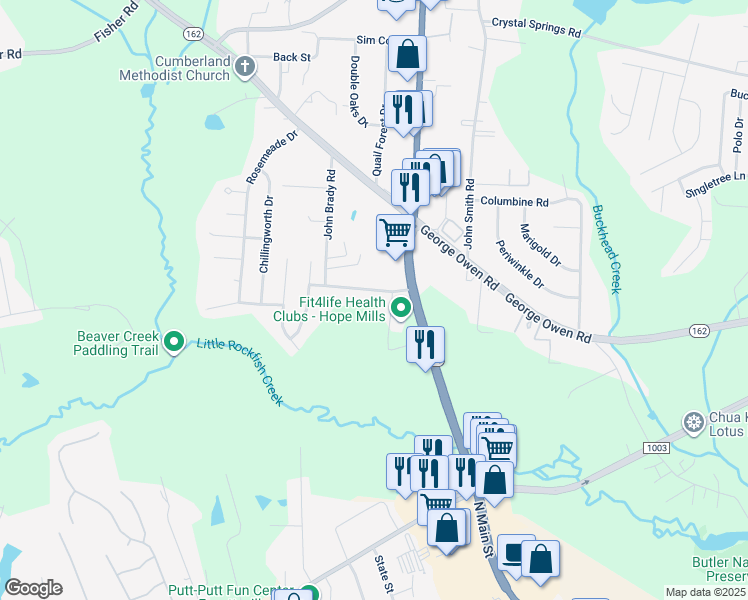 map of restaurants, bars, coffee shops, grocery stores, and more near 5647 Elwood Drive in Fayetteville