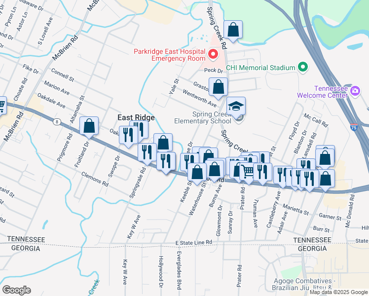 map of restaurants, bars, coffee shops, grocery stores, and more near 1311 Sewanee Drive in Chattanooga