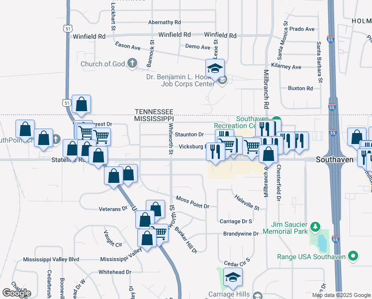 map of restaurants, bars, coffee shops, grocery stores, and more near 1435 Vicksburg Drive in Southaven