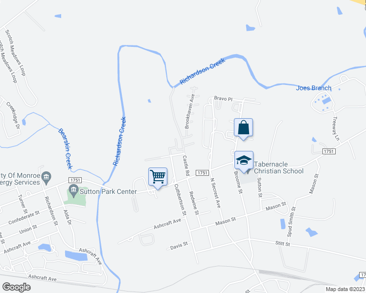 map of restaurants, bars, coffee shops, grocery stores, and more near 709 Castle Road in Monroe