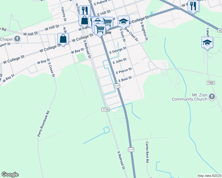 map of restaurants, bars, coffee shops, grocery stores, and more near 114 West Washington Street in Warsaw