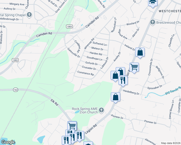 map of restaurants, bars, coffee shops, grocery stores, and more near 3608 Lubbock Drive in Hope Mills