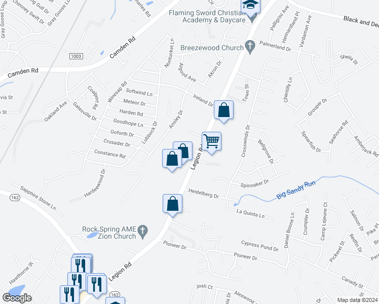 map of restaurants, bars, coffee shops, grocery stores, and more near 3620 Legion Road in Hope Mills