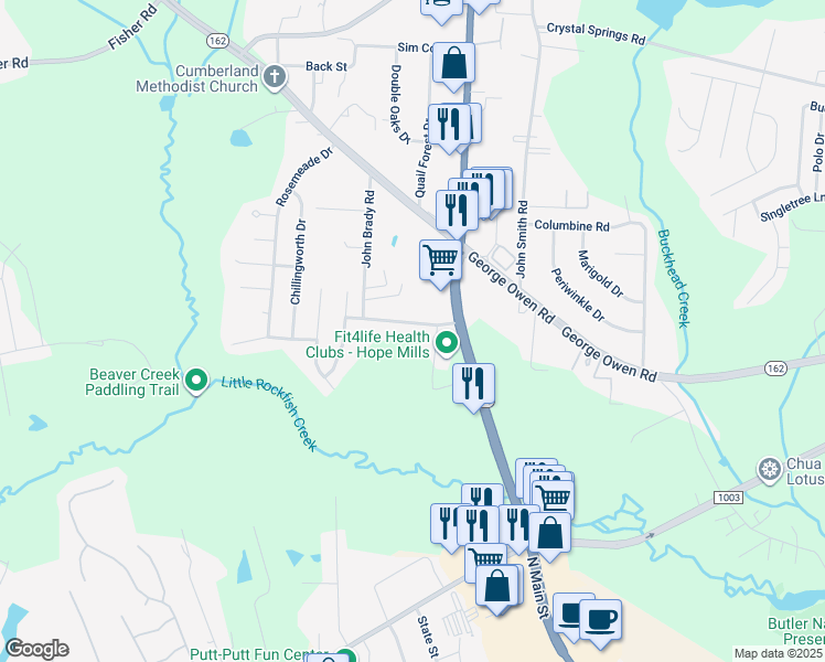 map of restaurants, bars, coffee shops, grocery stores, and more near 5647 Elwood Drive in Fayetteville