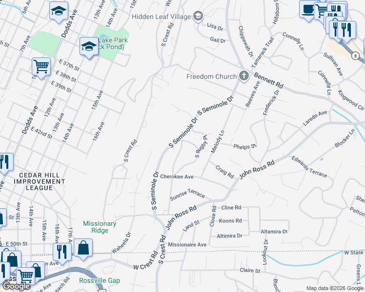 map of restaurants, bars, coffee shops, grocery stores, and more near 1619 South Clayton Avenue in Chattanooga