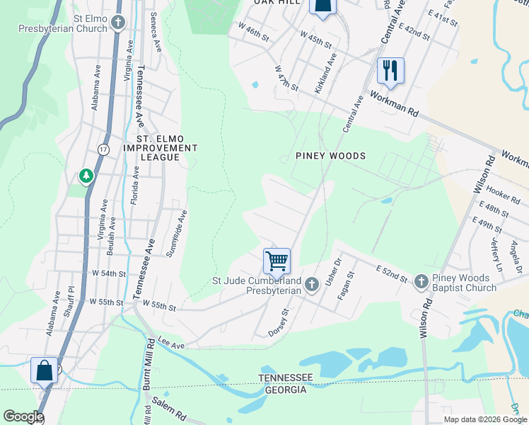map of restaurants, bars, coffee shops, grocery stores, and more near 120 Lynchburg Street in Chattanooga
