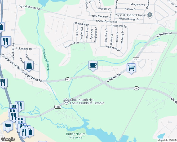map of restaurants, bars, coffee shops, grocery stores, and more near 5051 Steed Road in Fayetteville