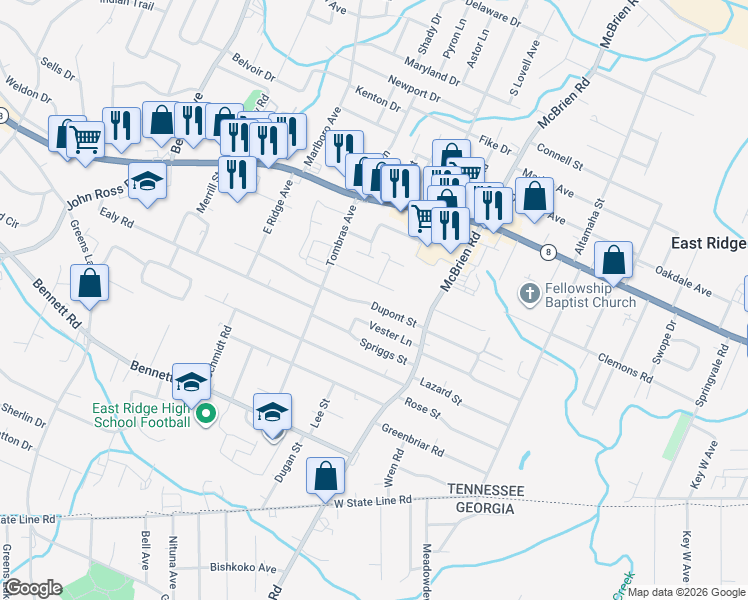 map of restaurants, bars, coffee shops, grocery stores, and more near 4321 Dupont Street in Chattanooga