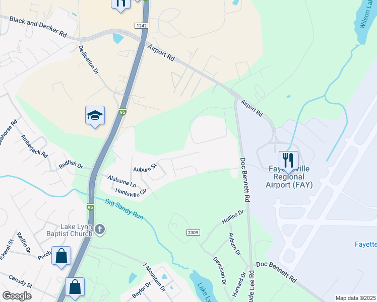 map of restaurants, bars, coffee shops, grocery stores, and more near 225 Auburn Street in Fayetteville
