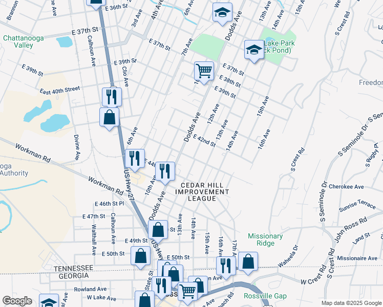 map of restaurants, bars, coffee shops, grocery stores, and more near 4211 Dodds Avenue in Chattanooga