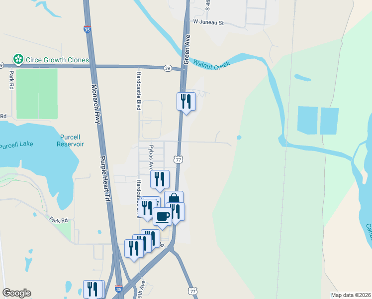 map of restaurants, bars, coffee shops, grocery stores, and more near 1614 South Green Avenue in Purcell
