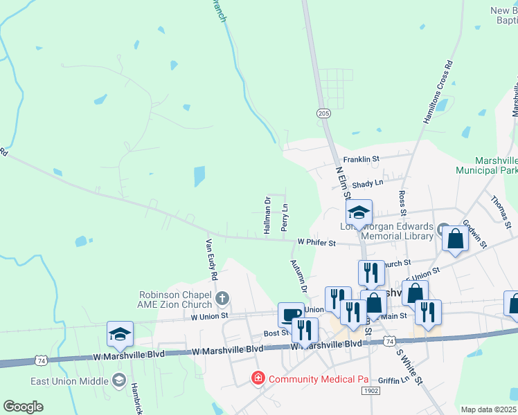 map of restaurants, bars, coffee shops, grocery stores, and more near 606 Hallman Drive in Marshville