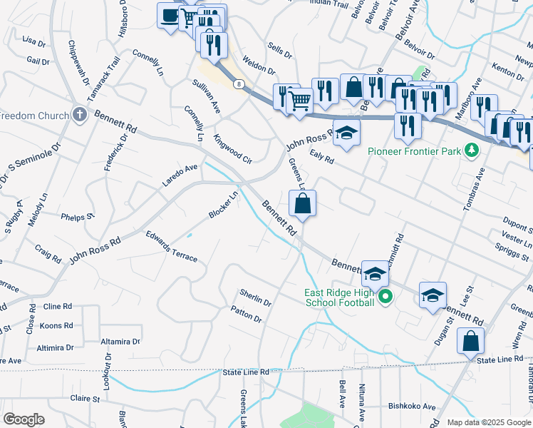 map of restaurants, bars, coffee shops, grocery stores, and more near 3917 Bennett Road in Chattanooga