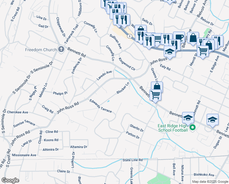 map of restaurants, bars, coffee shops, grocery stores, and more near 1240 John Ross Road in Chattanooga