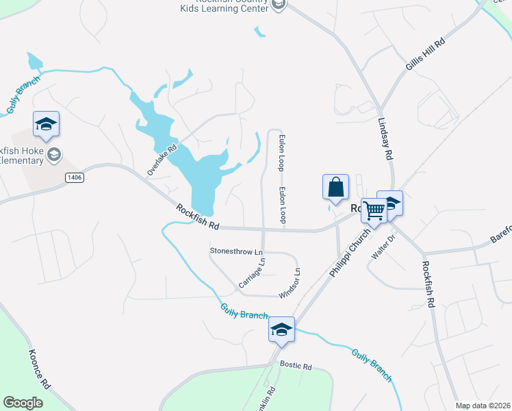 map of restaurants, bars, coffee shops, grocery stores, and more near 229 Lakeside Road in Raeford