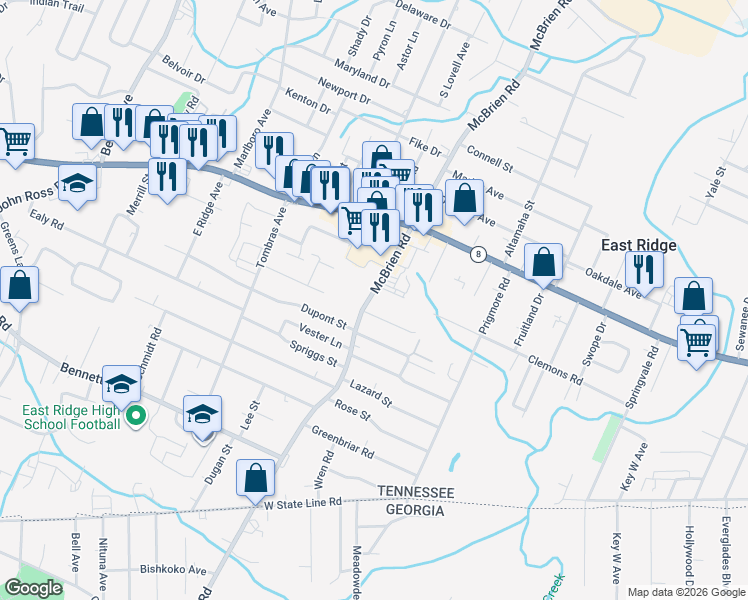 map of restaurants, bars, coffee shops, grocery stores, and more near 1606 Mcbrien Road in Chattanooga