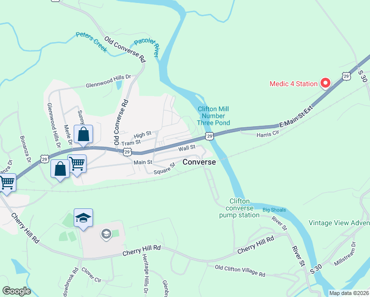map of restaurants, bars, coffee shops, grocery stores, and more near 201 Wall Street in Gaffney