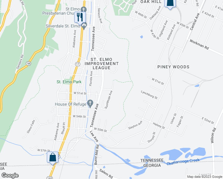 map of restaurants, bars, coffee shops, grocery stores, and more near 4911 Sunnyside Avenue in Chattanooga